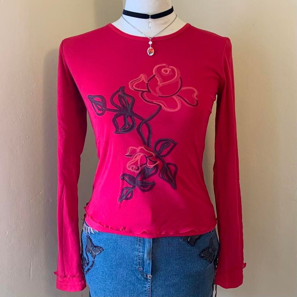 Vintage Y2K Layered Rose Graphic Red and Pink Long Sleeve Shirt